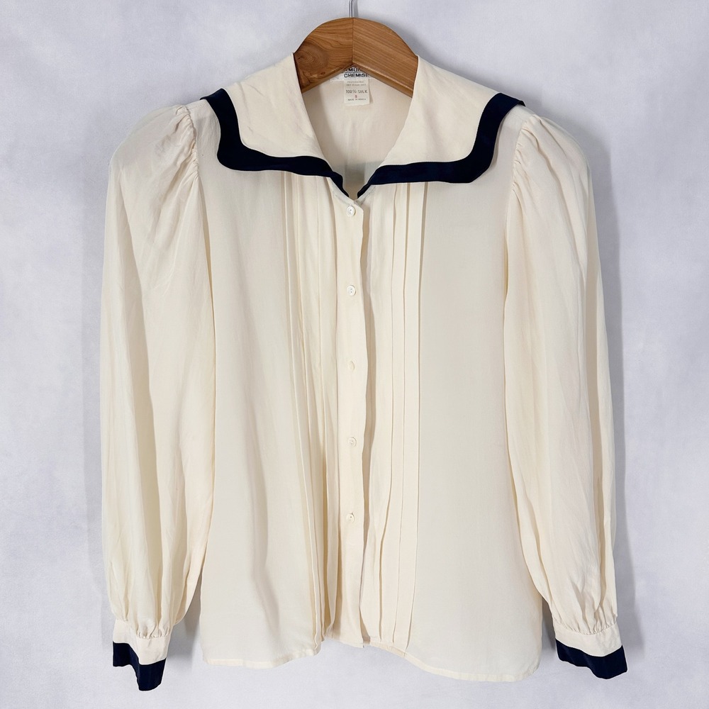 Vintage Jack Mulqueen Silk Long Sleeve Cream Navy Sailor Blouse Womens Size 8